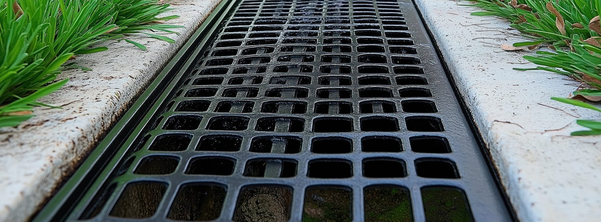 Stormwater channel drain grate along a garden path