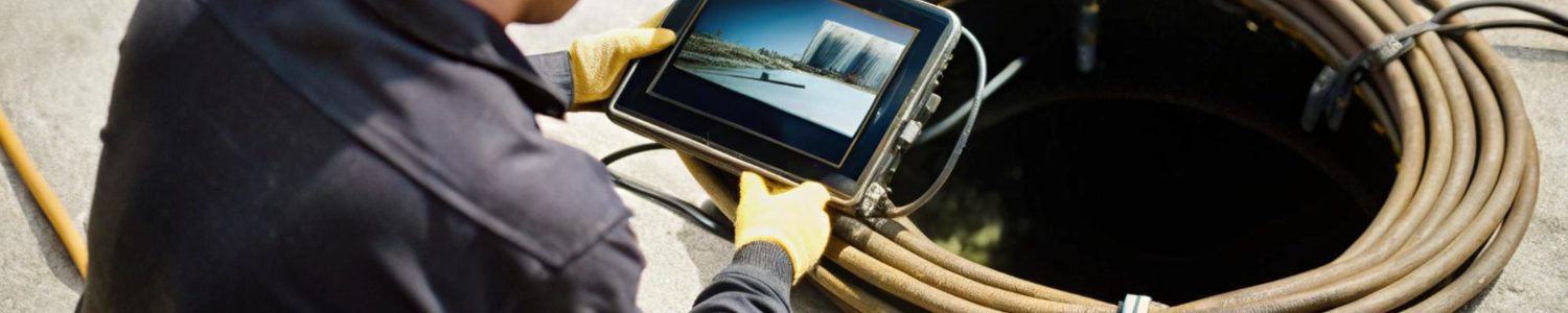 Technician reviewing CCTV drain footage on site