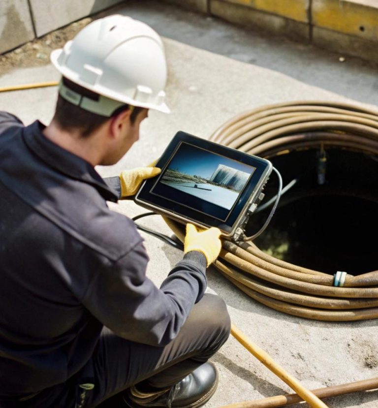 Technician viewing CCTV drain footage on a tablet beside a manhole
