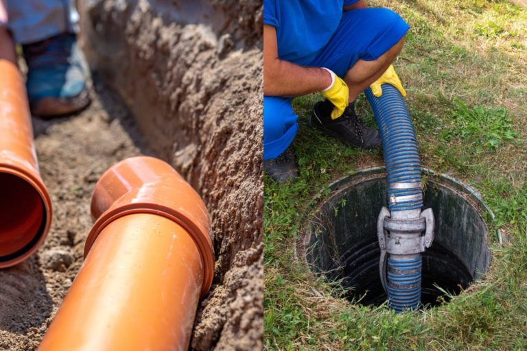 Drainage pipe in a trench beside a jetting hose in a manhole