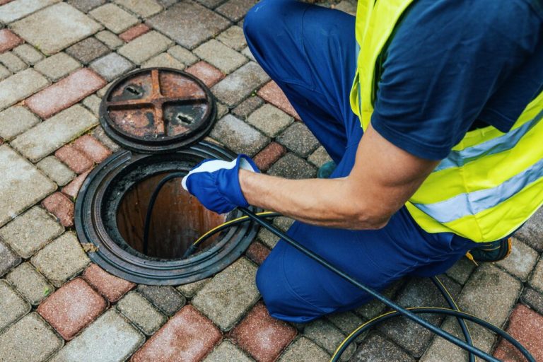 Drainlayer feeding a cable into an open sewer manhole